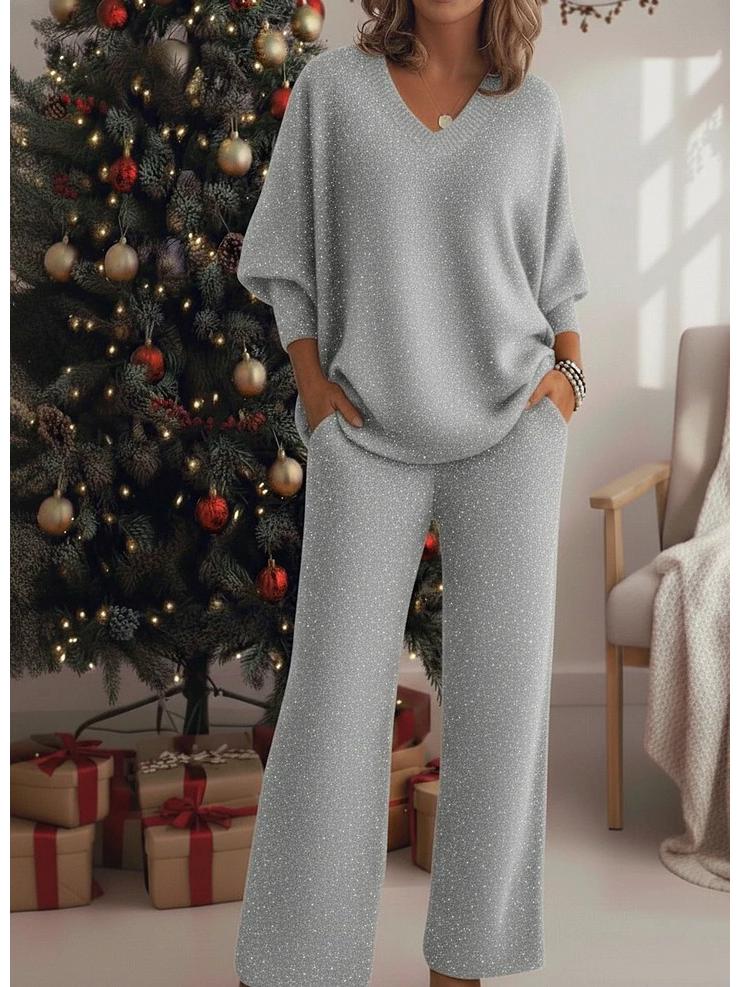 

Autumn/Winter 2025 Sparkly V-Neck Hoodie Two-Piece Set - Long Sleeve 4XL сірий колір