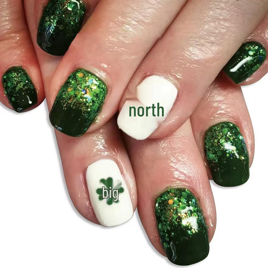 

St. Patrick s Day 2025 Emerald Green Clover Glitter Press-On Nails - 24 Piece Set