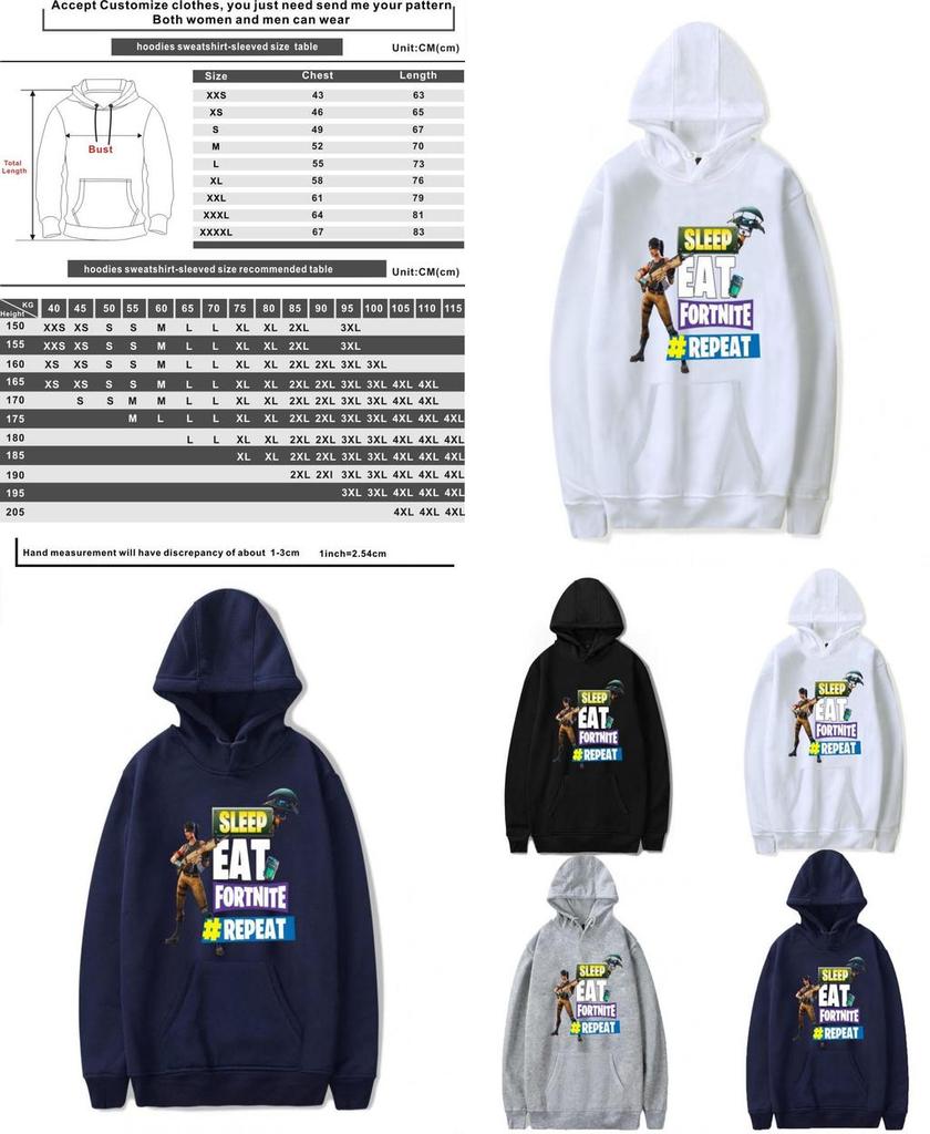Game Printed Fortnite Sleep Eat Fortnite Repeat Casual Long Sleeve Cotton Hoodie