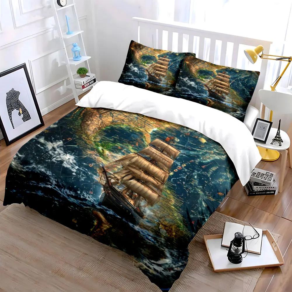 Vintage Schip Avontuur Decor Zacht Comfortabel Dekbedovertrek Beddengoed Set Inbegrepen 1*Dekbedovertrek & 2*Kussenslopen cadeau