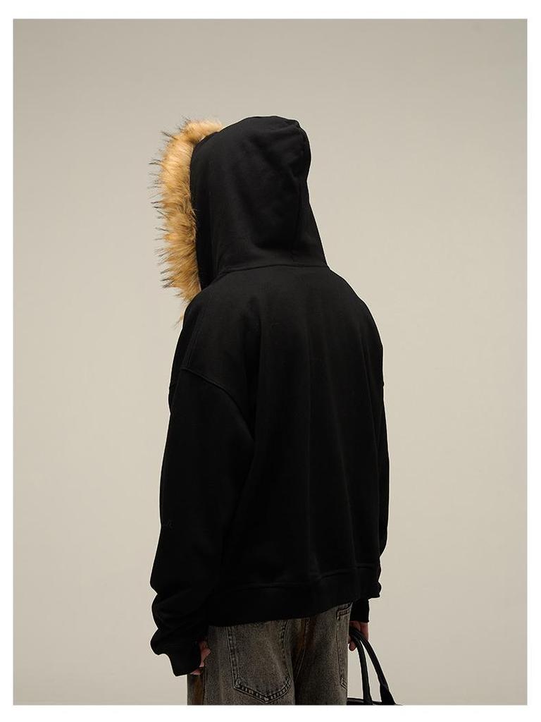 American Retro Oversized Fur Collar Couple Hoodie Cardigan