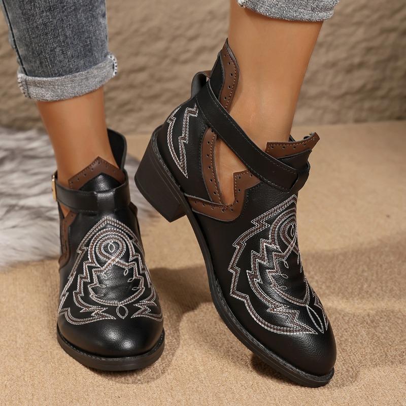 1 Pair Women'S Western Cowboy Boots - Chunky Mid-Heel Square Toe with Buckle Strap Closure, Black Synthetic Cover & Rubber Sole