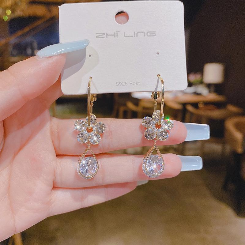 Silver Needle Crystal Zircon Flower Hanging Opal Earrings Earrings Douyin Kuaishou Live Broadcast Explosive Earrings Earrings
