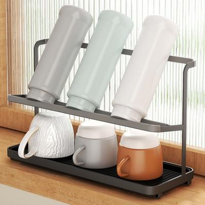Versatile Double Layer Bottle Drying Rack Removable Rustproof Coffee Cup Drain Holder with Drain Tray Cups Storage Rack Home