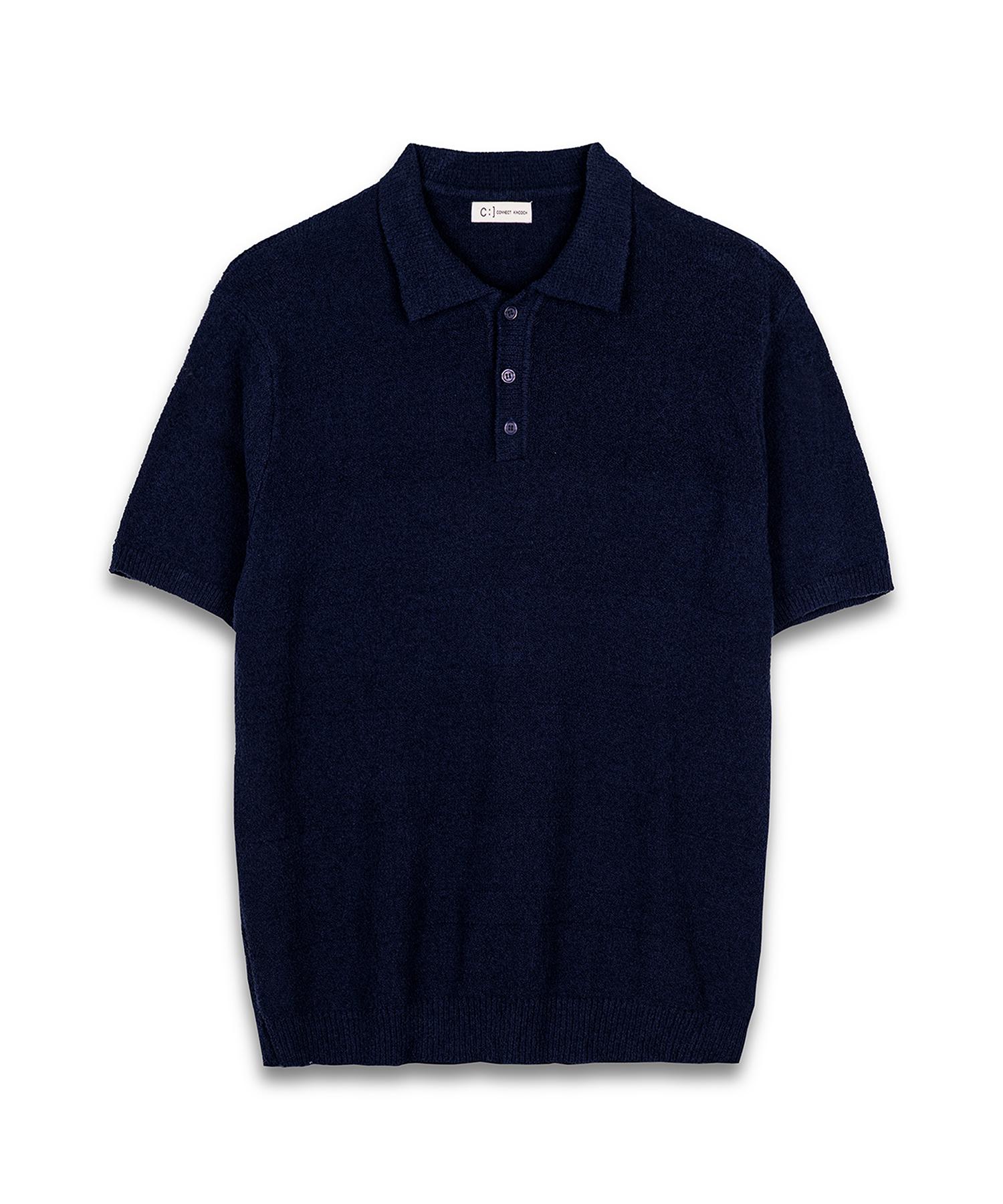 Terry Button Collar Short Sleeve Knit (Navy) Navy/L