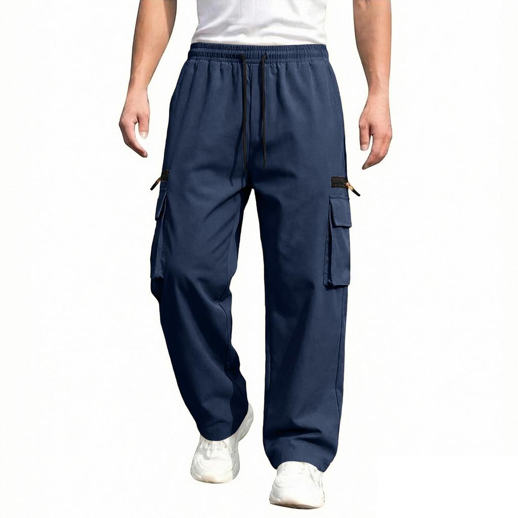 Men's Multi Pocket Work Pants Casual Loose Fit Utility Trousers with Drawstring Waist Durable Material for Daily Wear