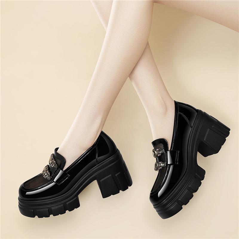 British Style Small Leather Shoes, New Thick-soled Mary Jane Shoes, Rhinestone Thick-soled Thick-heeled Shallow-mouth Patent Leather Loafers.