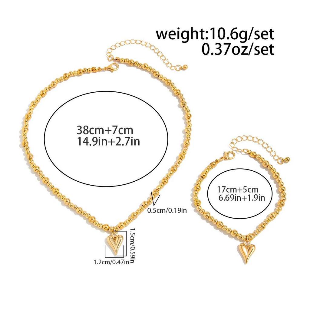 Ingemark 2Pcs/Set Delicate Tiny Heart Pendant Choker Necklace Beads Chain Bracelets for Women Wedding Bridal Party Jewelry Set