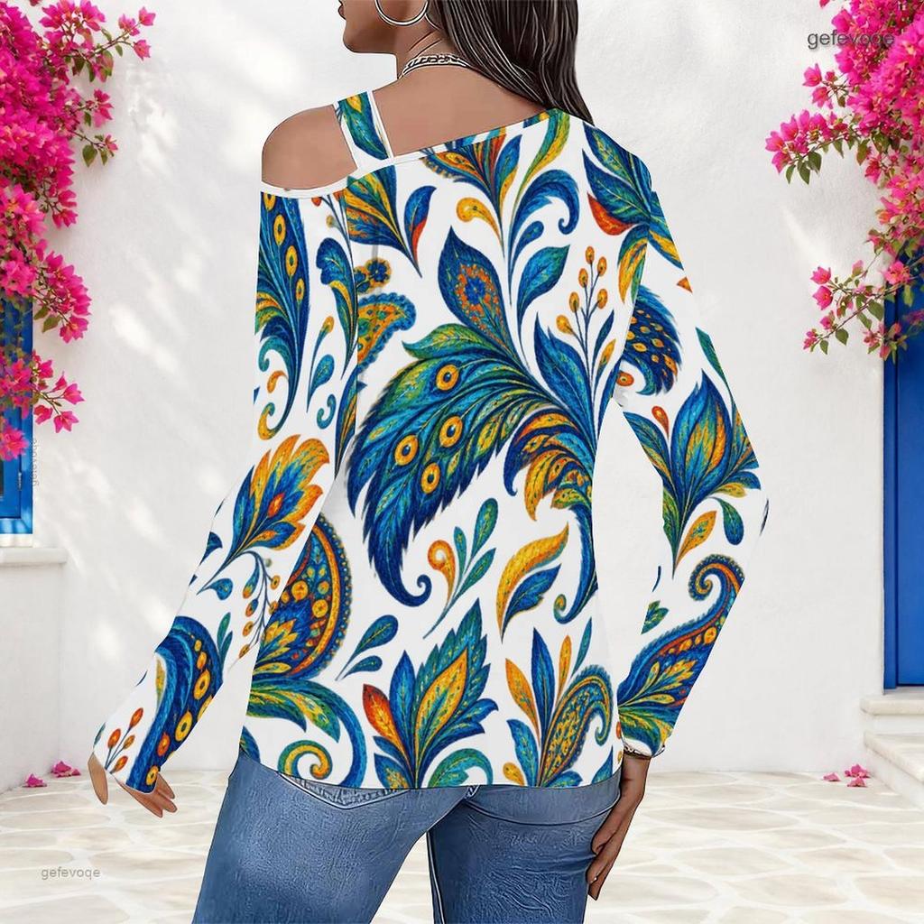 Women Plus Size Asymmetric Cutout Neck Cold Shoulder Long Sleeve Paisley Printed Blouse