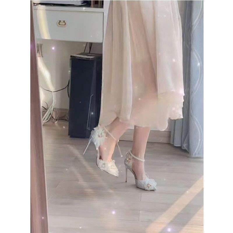 Silver pearl chain wedding shoes women's 2025 spring and summer new pointed side space stiletto adult ceremony lace flower high heels