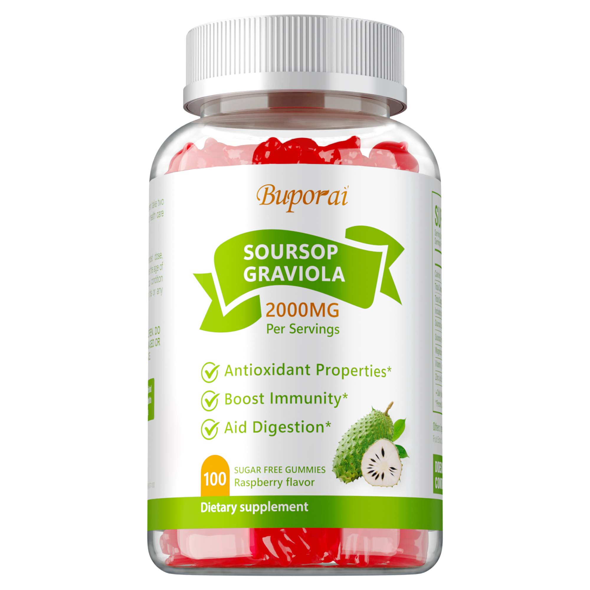 Soursop Gummies, made with organic soursop leaf and fruit extracts, aid digestion, boost immunity, and provide antioxidant benefits. 100