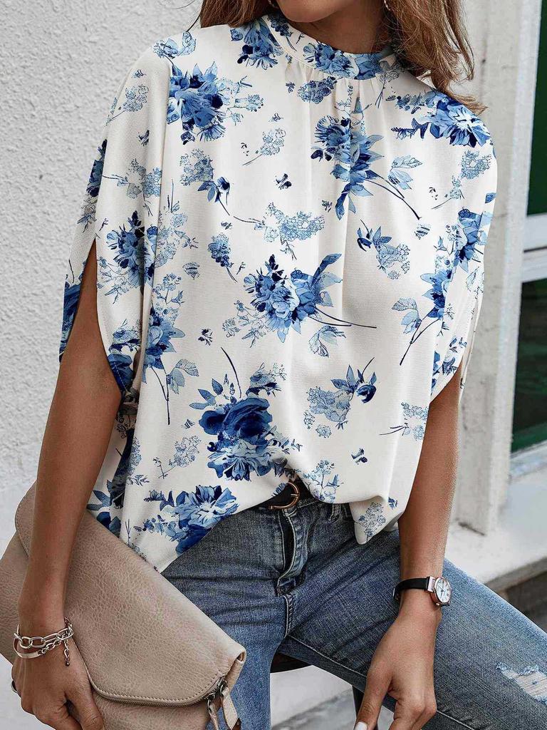 Women's Elegant Loose Short-Sleeve Printed Pullover Top with Round Neck Tie-Up Design