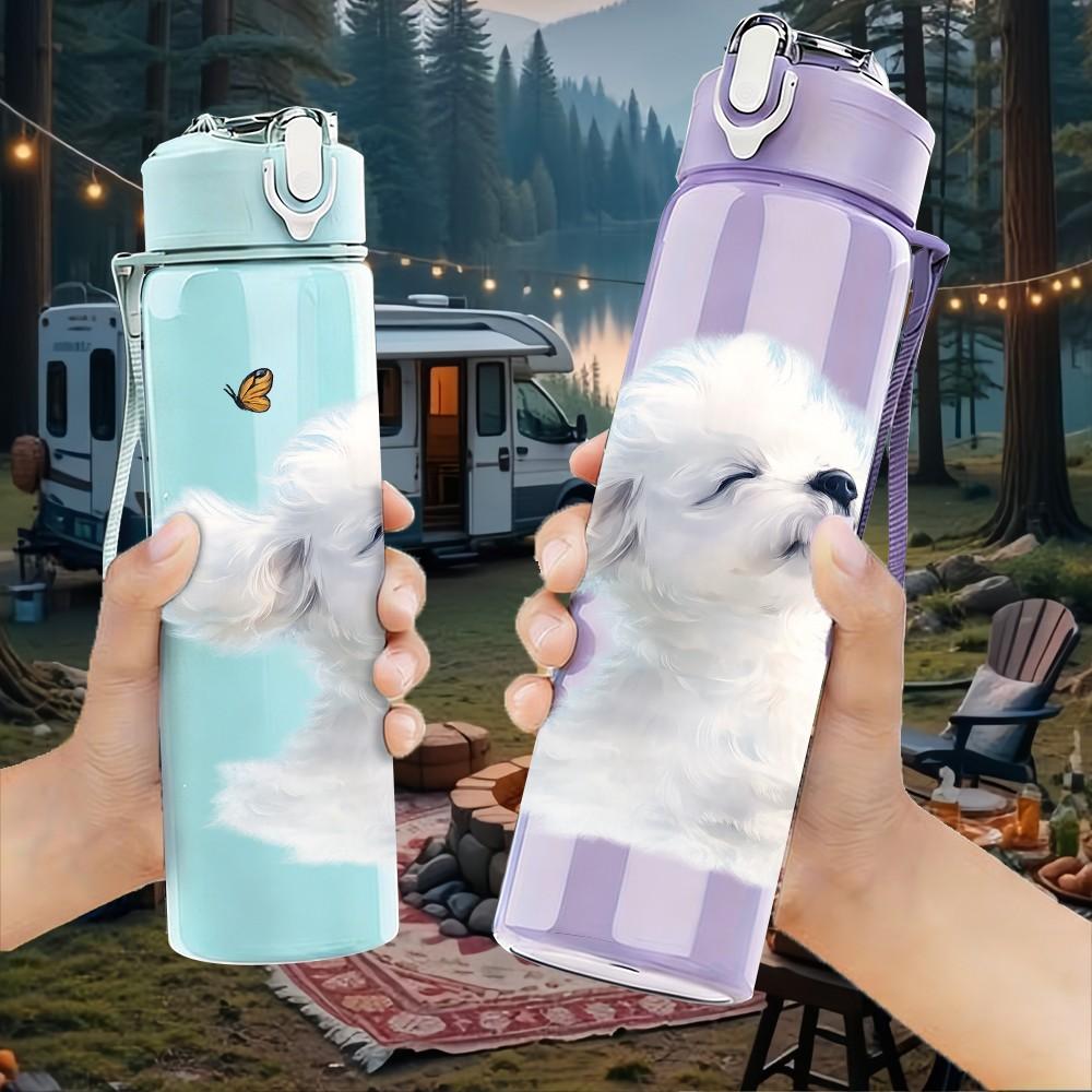 1PC Fluffy White Puppy Dog Sitting Print 750ml Color Plastic Sports Water Bottle Leakproof Flip Straw Lid Suitable for Sports Office Home Use