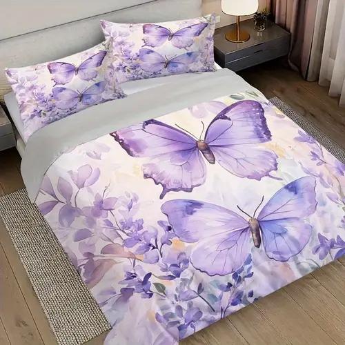 Light Luxury Purple Butterfly Duvet Cover Queen King Size Feature Digital Print Bedding Set Soft And Comfortable 3 Pcs No Quilt