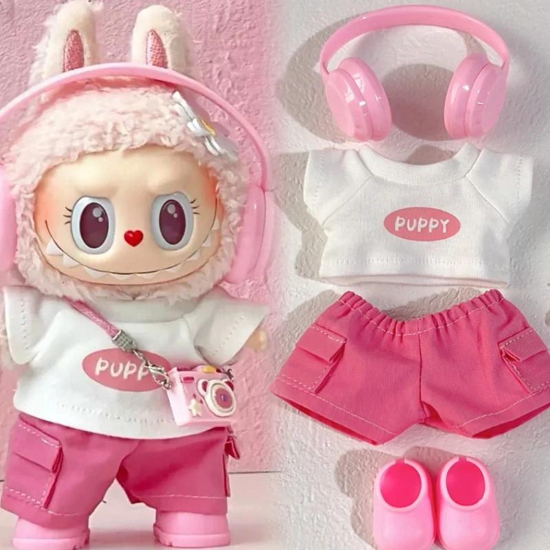 For Labubu Clothes 1-3 Gen Doll Sitting Party Outfits PU T-Shirt Cargo Pants Glasses Crossbody Bag Dopamine Fashion Set