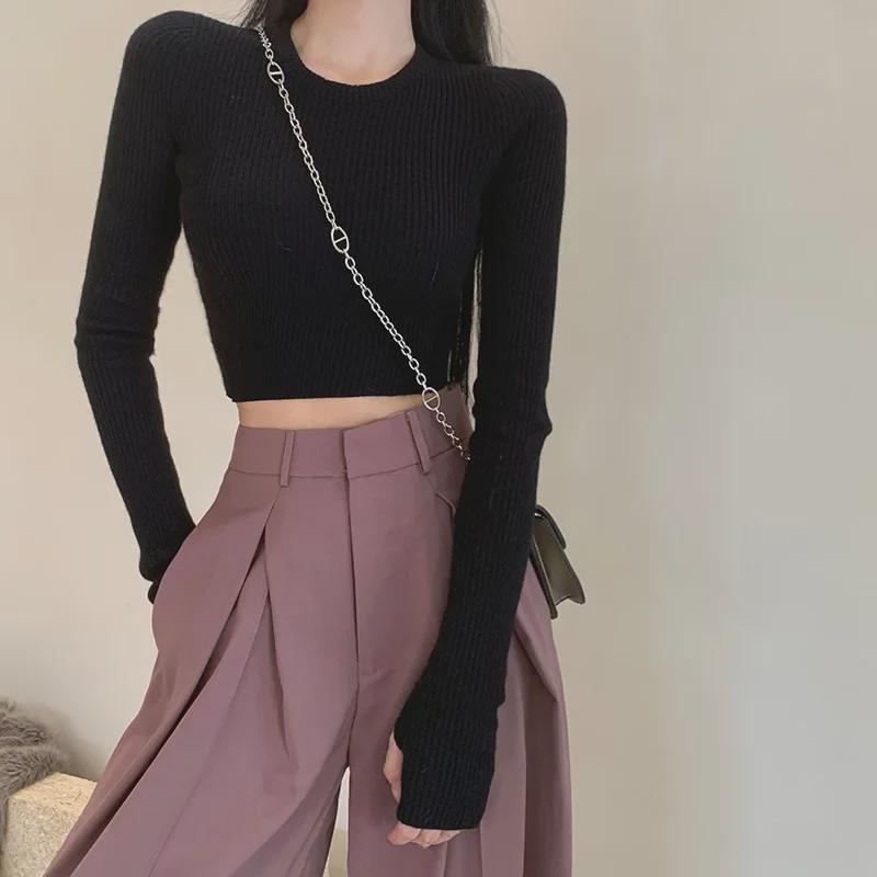 Black Long-Sleeve Cropped Knit Sweater for Women - 2023 Slim Fit Autumn/Winter Top