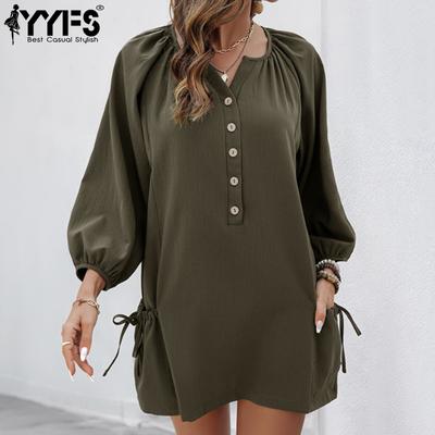 Women's Fashion Spring Fall Solid Color Print Long Sleeve V-Neck Loose Waistline Casual Dresses