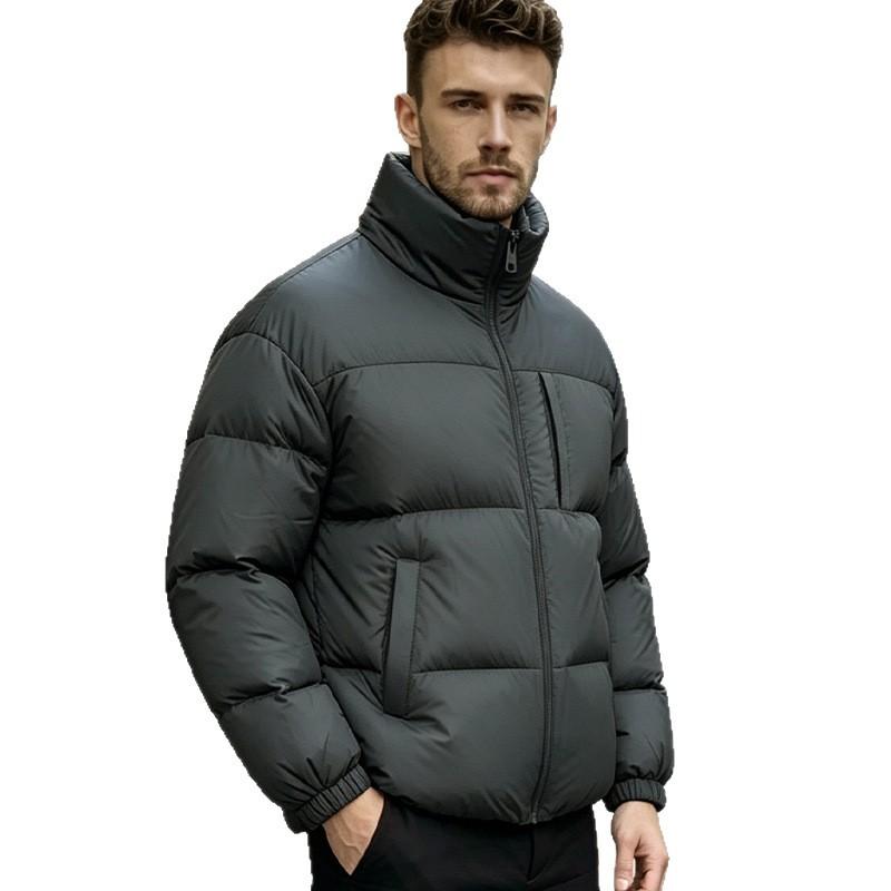 Men's Stand Collar Thick Puffer Jacket Zip Up Solid Color Casual Winter Down Coat