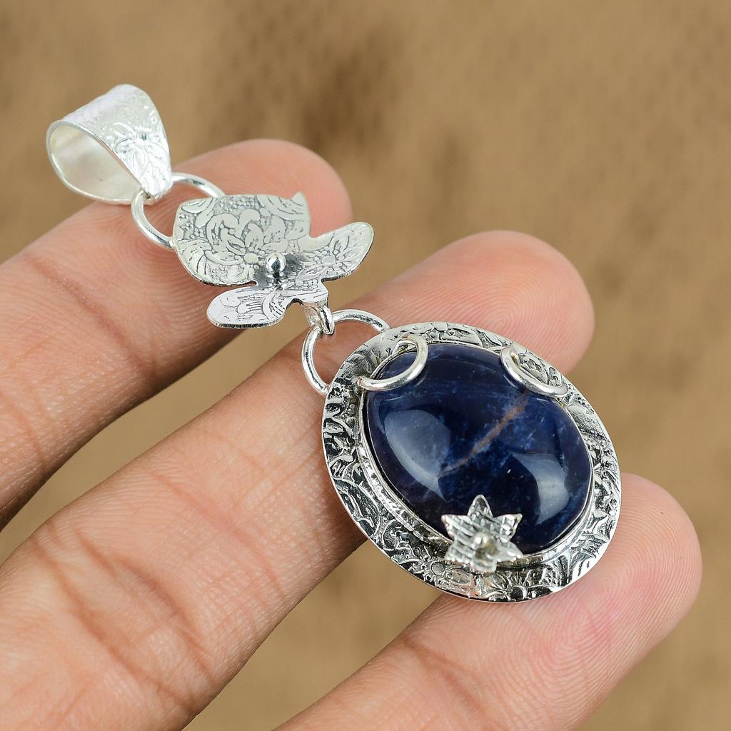 Natural Sodalite Gemstone Indian Jewelry 925 Sterling Silver Pendant For Girls