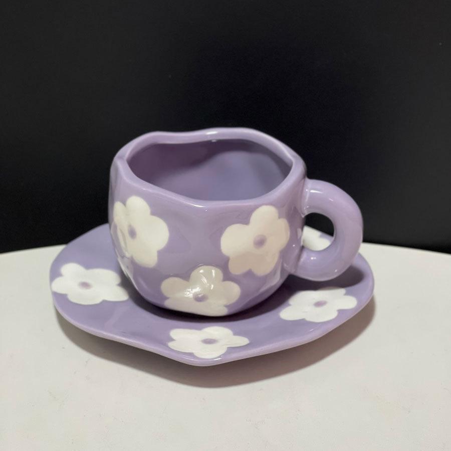 High-Value Hand-Pinched Irregular Underglaze Color Hand-Painted Flower Love Ceramic Coffee Cup Saucer Exquisite Afternoon Tea Cup Saucer