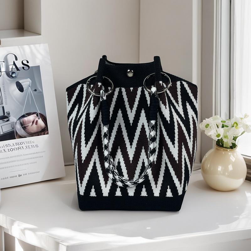 1pc, Women's Knit Bucket Handbag,Fabric Material with Metal Clasp Closure,Versatile for Casual&Formal Outings,Shopping Accessory