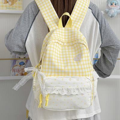 Schoolbag Female Ins High Value Retro Plaid Junior High School Student Backpack Lace Versatile Large Capacity Backpack Female