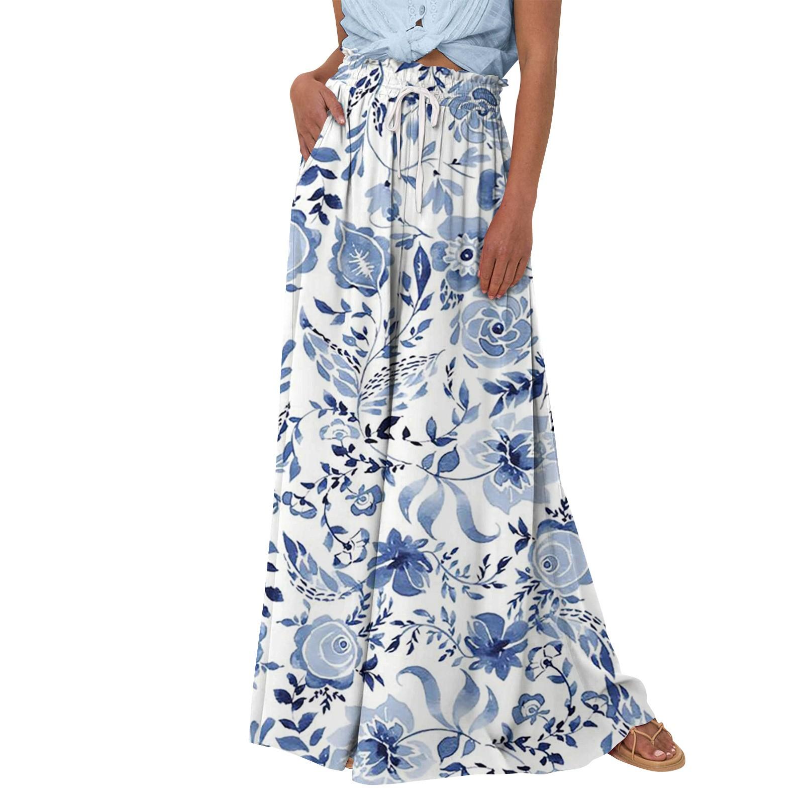 

Жіночі широкі брюки з високою талією, літні повсякденні брюки-палаццо, пляжні штани з квітковим принтом і кишенею M