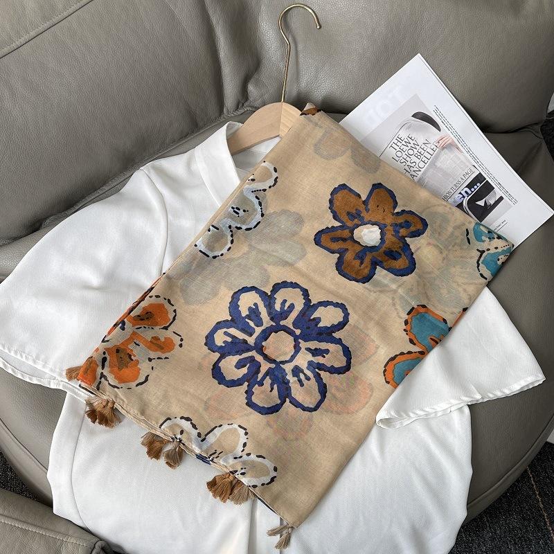New Luxury Brand Lovely Floral Tassel Cotton Viscose Shawl Scarf Lady High Quality Soft Wrap Pashmina Stole Bufanda Muslim Hijab