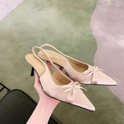 Sheepskin Version of the Same Style, Stiletto Heel, Satin Surface, Bow, Bag Head, Pointed Head, Empty Single Shoes, Women's Sandals, New Spring 