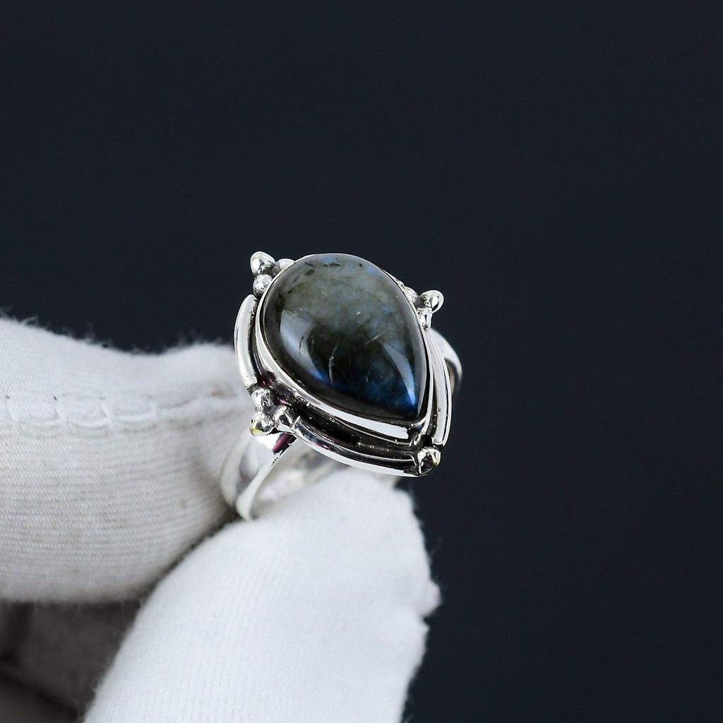 Anel ajustável de prata esterlina 925 com labradorita natural - Serve nos tamanhos 6 a 10 dos EUA - Joias Boho artesanais para mulheres e homens, presentes de dia dos namorados