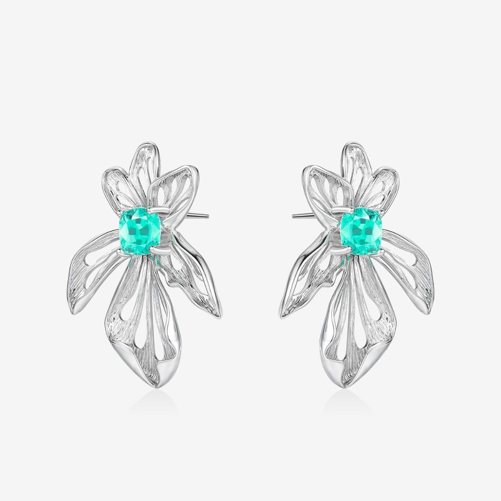Aqua Blue Paraiba Earrings Minimalist Iris Flower Dainty Elegant Jewelry for Women