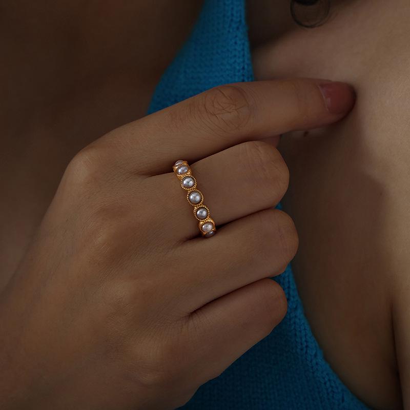 

Французский нишевый дизайн женское кольцо из титановой стали с жемчугом и белым перламутром - простая модная бижутерия в стиле инфлюенсеров. Size 6