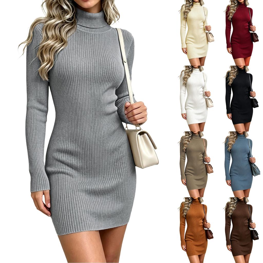 Women's Fashion High Neck Bodycon Knit Sweater Dress