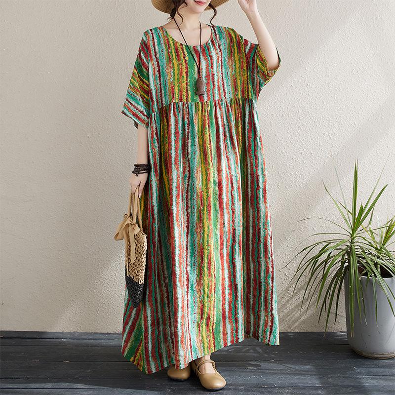 

Богемный принт, круглый вырез, короткий рукав, платье макси - Большой размер, Лето 2024 One Size