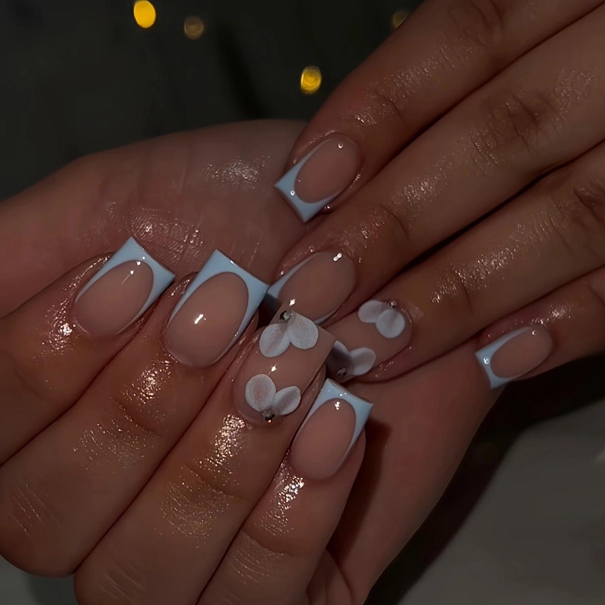 

French Blue Edge Floral Square False Nails - Removable and Stylish