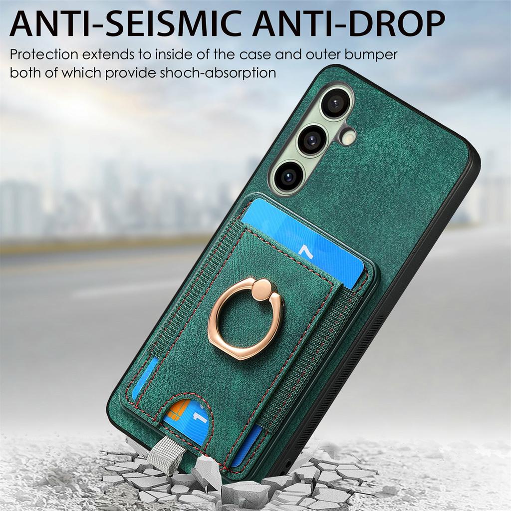 For Samsung Galaxy S24 FE Magnetic Case Card Holder Ring Kickstand PU Leather Phone Back Cover