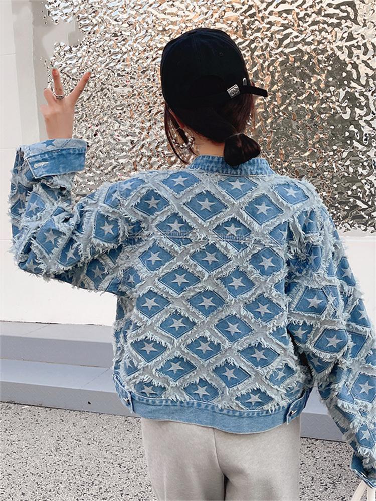 Geometric Jean Jacket for Women  New Fashion Autumn Winter Long Sleeve Denim Jacket Streetwear Single Breasted Coat