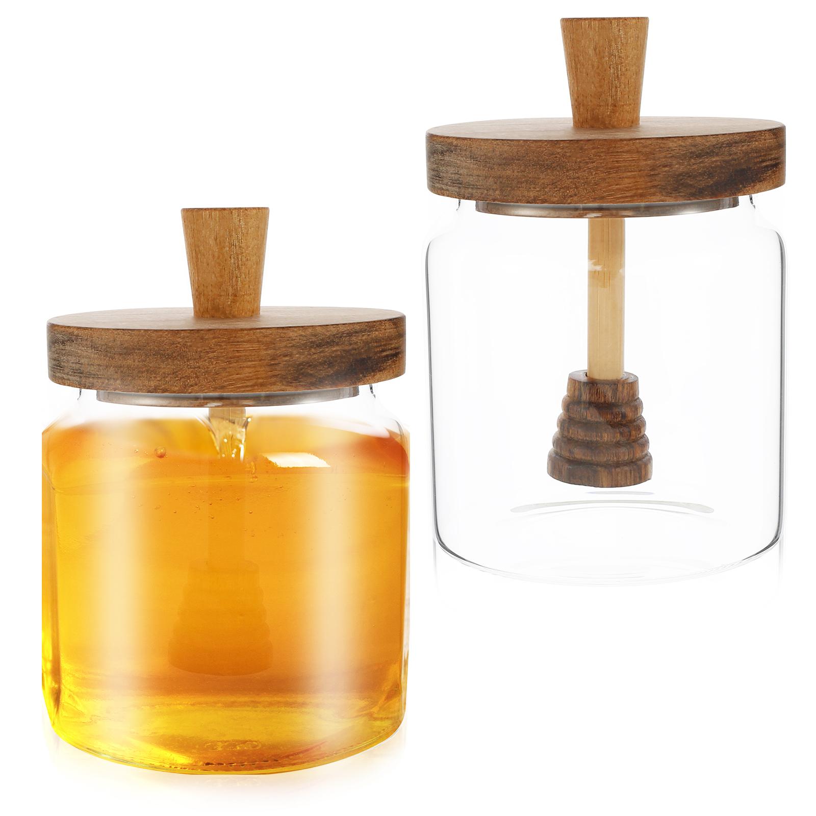 

2 PCS Glass Storage Bottles Honey Jars w/ Dipper and Lid Wide Mouth Honey Containers Syrup Dispenser for Storing Honey and Syrup