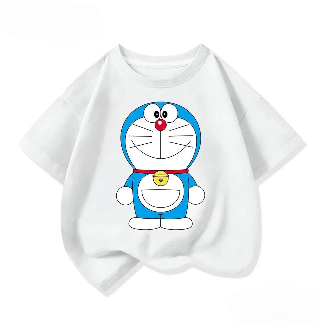 Cute Boys Girls Short Sleeve T Shirt Doraemon Cartoon Pattern Crew Neck Comfort Summer Casual Daily Wear 3 To 14Y