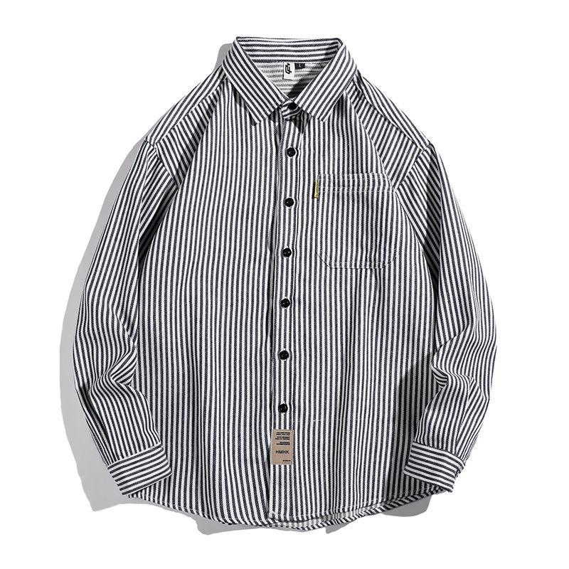 

Новая мужская рубашка с длинным рукавом в вертикальную полоску, в красивом повседневном стиле Гонконга, уличный стиль, подростковая, в корейском стиле, куртка-рубашка для мужчин 3XL