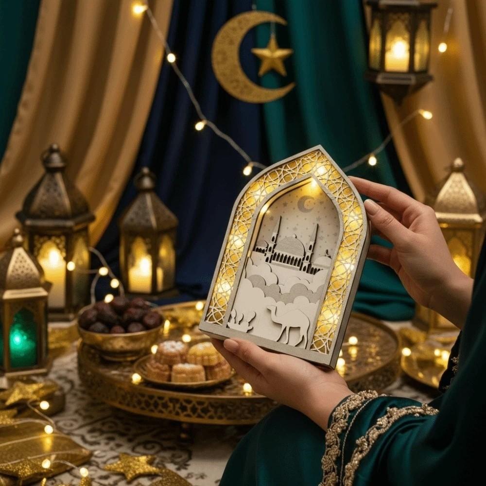 Creative Night Light Ornament LED Eid Wooden Decoration Handmade Eid Desktop Ornament  Scene Layout