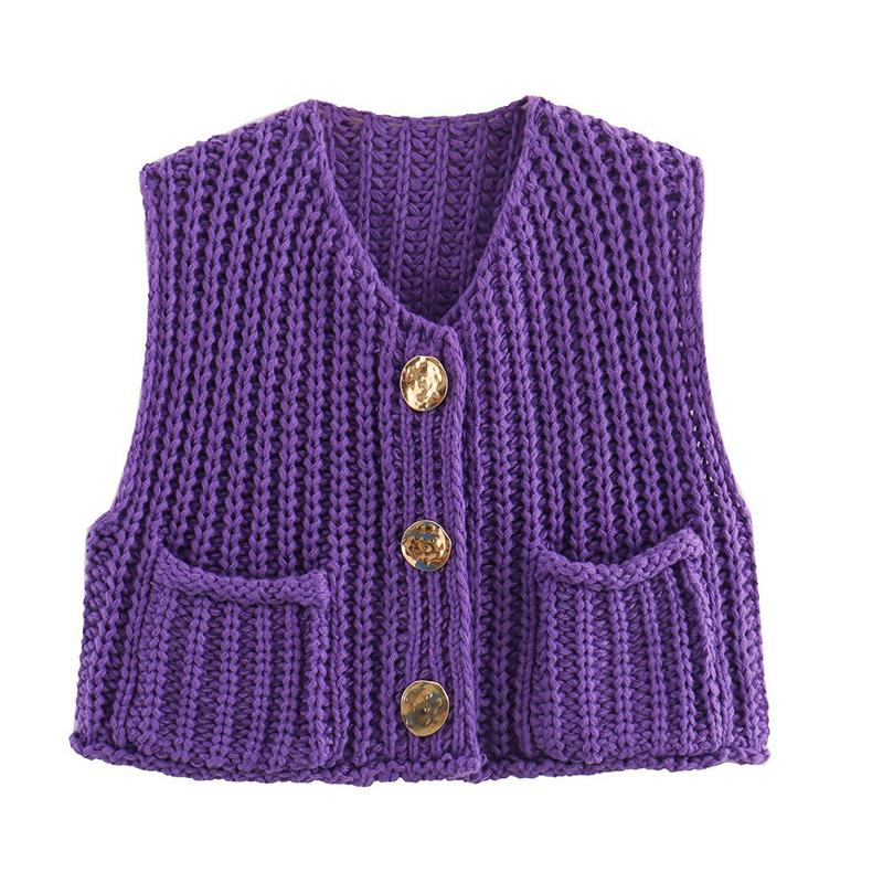 Winter New Women's Clothing Vest Simple Pocket Sleeveless Short Knitted Vest Cardigan Top