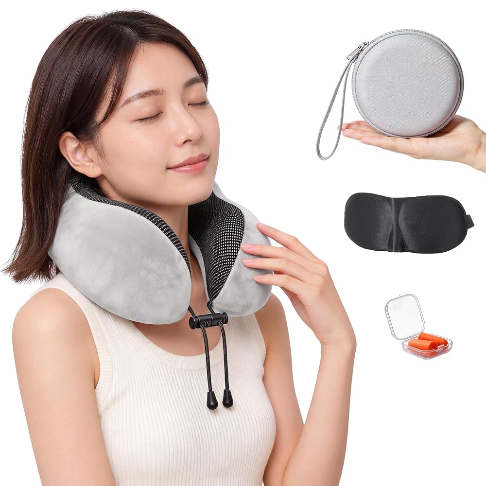 Glorlummi Travel Neck Pillow U-Shaped Memory Foam 360° Support Washable Cover Lightweight with Case