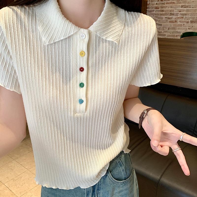 Front Shoulder Short Sleeve Polo Neck Knitted Sweater Women's Summer Design Sense Skinny Top Trend