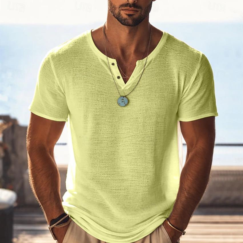 Men's Solid-Color Lightweight Breathable V-Neck Casual Short-Sleeve T-Shirt for Spring