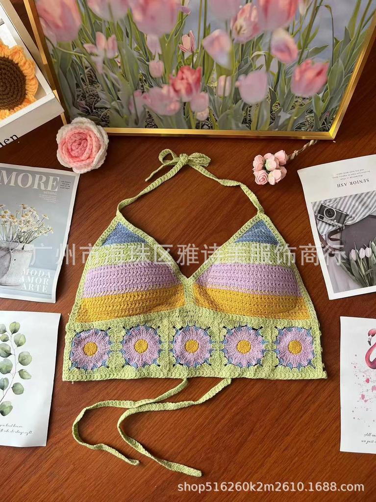 New fashionable and sexy tube top with small suspenders for women's summer seaside beach lace-up hollow knitted neck top