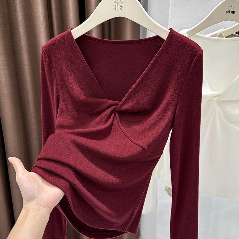 Elegant Women's Slim-Fit French V-Neck Long-Sleeve Knitted Top - Spring Design