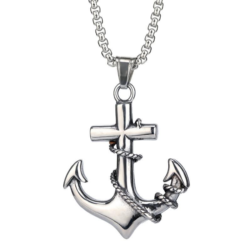 Caribbean Pirate Ship Anchor Cross Necklace For Men With Polished Titanium Steel Chain