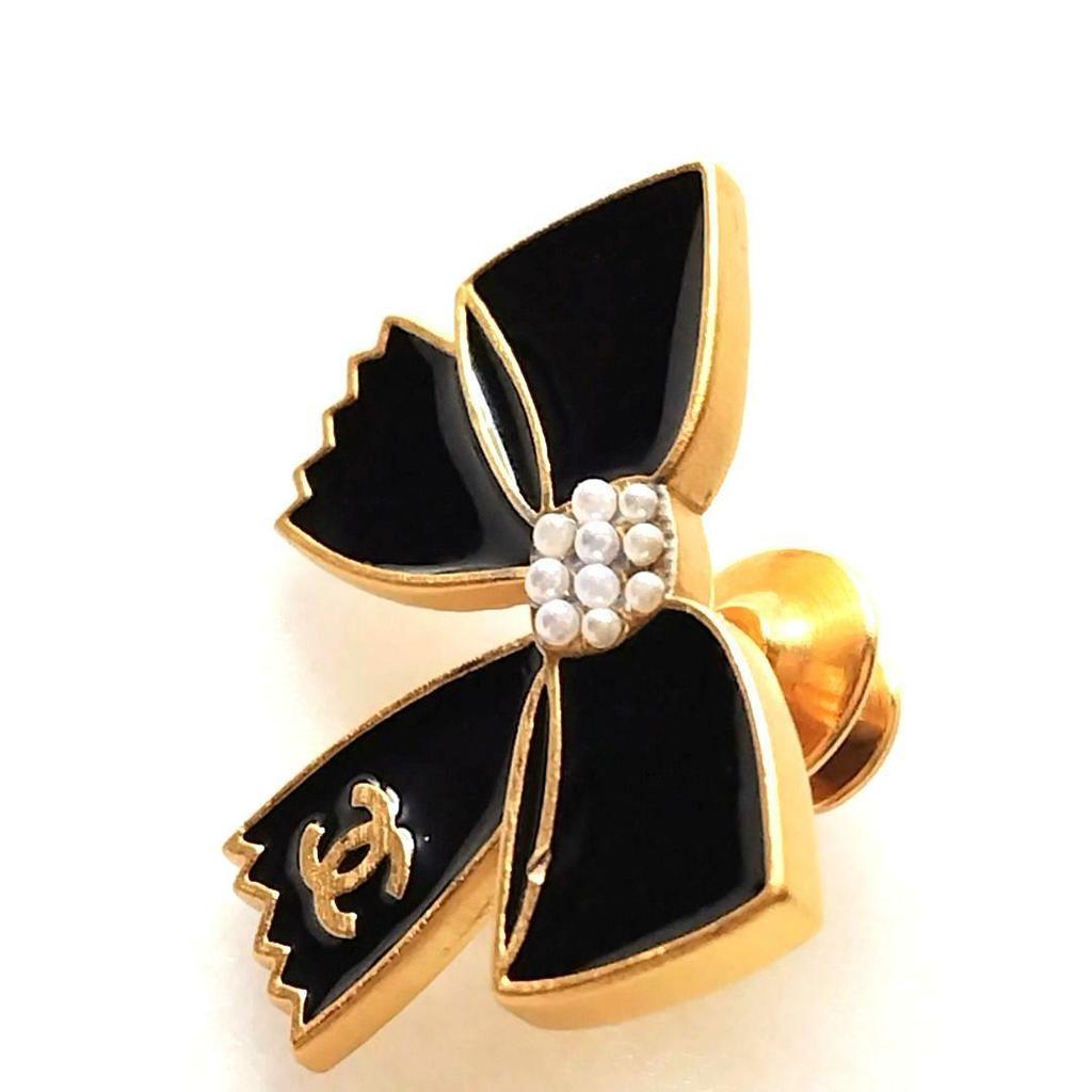 Used Chanel Ribbon Pin Brooch Coco Mark Pearl Black Gold