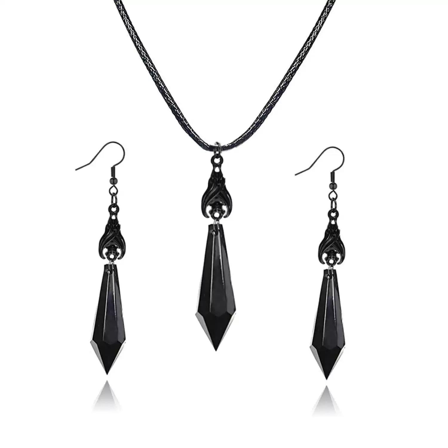 Gothic Vampire Costume Set: Red Crystal Bat Necklace & Witch Bat Earrings